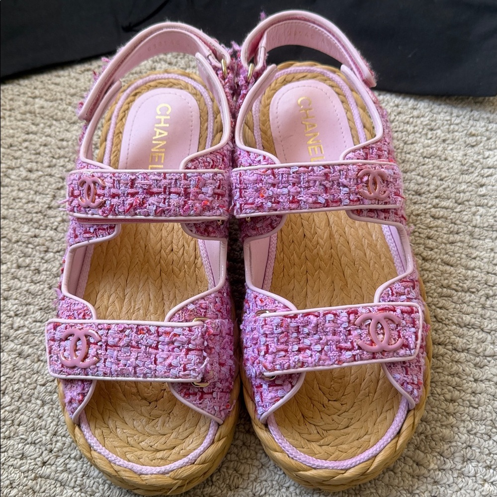 CHANEL Pink Tweed Interlocking CC Logo Espadrille Dad Sandals Size 41 - Picture 2 of 10